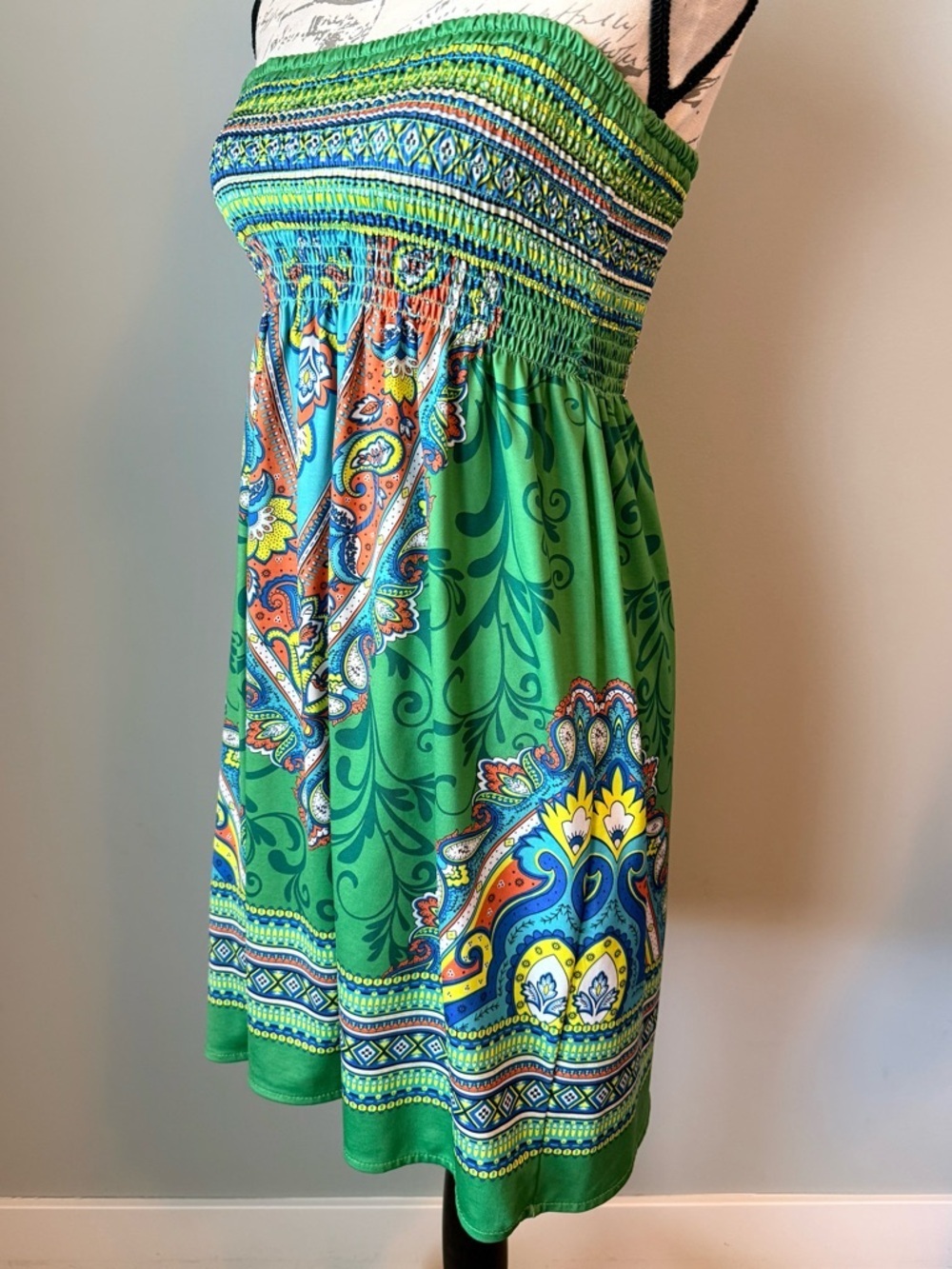 Flying Tomato Strapless Boho Mini Dress Smocked Paisley Green M - Picture 2 of 6